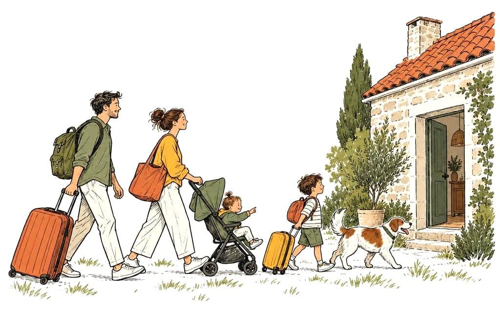 איור: משפחה עם מזוודות ועגלה הולכת לבית אבן עם דלת פתוחה